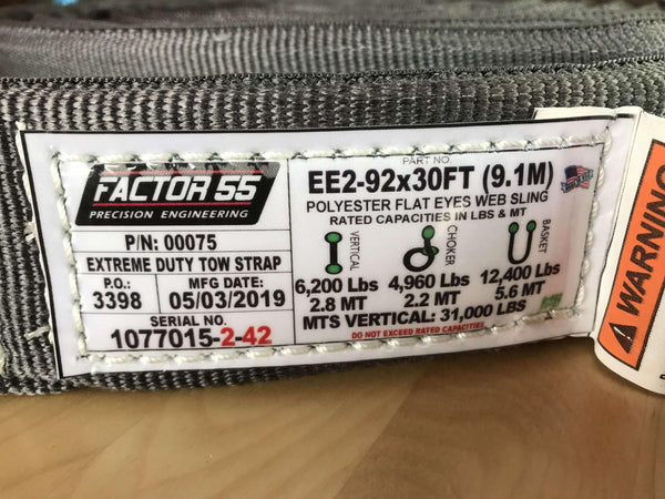 Factor 55 30 Foot Tow Strap Extreme Duty 30 Foot X 2 Inch Gray 00075