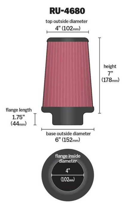 K&N Universal Clamp-On Air Filter 4in FLG / 6in B / 4in T / 7in H RU-4680