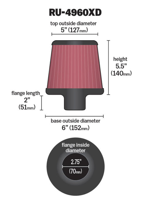 K&N Filter Universal Clamp-On Filter-Round Tapered 2.75in Flange ID x 6in Base OD x 5in Top OD RU-4960XD