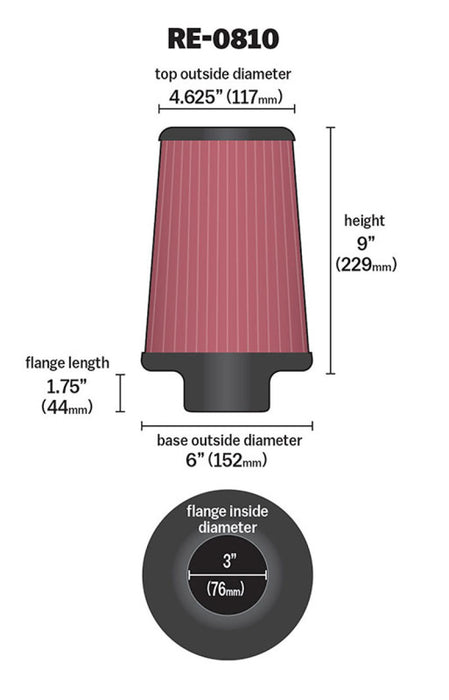 K&N Universal Rubber Filter 3inch FLG / 6inch OD-B / 4-5/8inch OD-T / 9inch L RE-0810