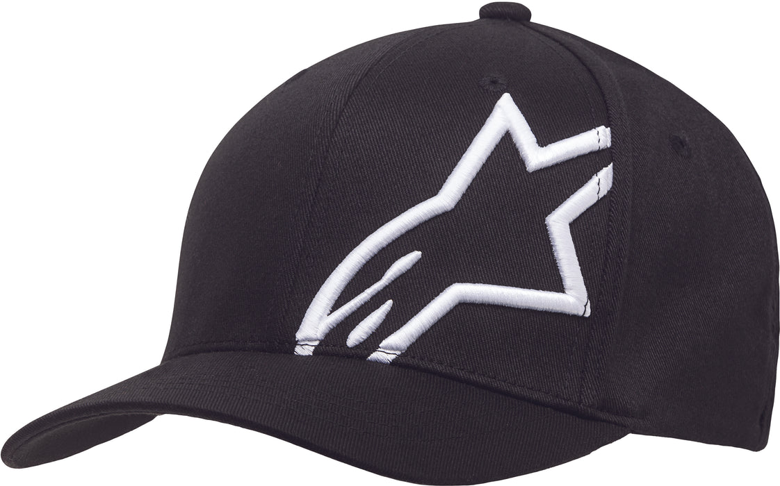 ALPINESTARS Men's Curved Bill Structured Crown Flex Back 3D Embroidered Logo Flexfit Hat, Corp Shift 2 Black/White, S/M