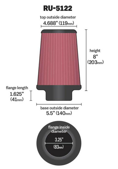 K&N Filter Universal Rubber Filter 3.25 Flange 5.5 Base 4.6875 Top 8 Height RU-5122