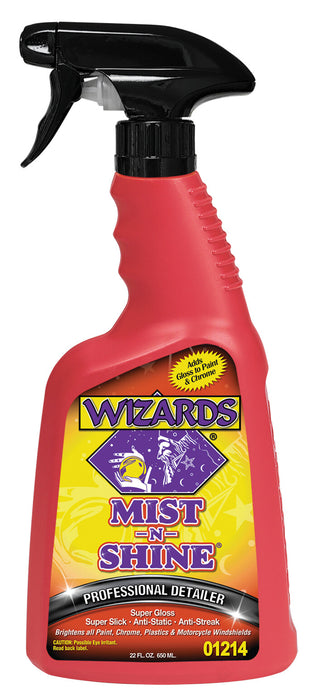 Wizards Mist-N-Shine Professional Detailer - Multi-Use Glass Cleaner for Vehicles - Adds Gloss to Paint, Chrome and Glass - 22 oz Detail Spray - Made in USA