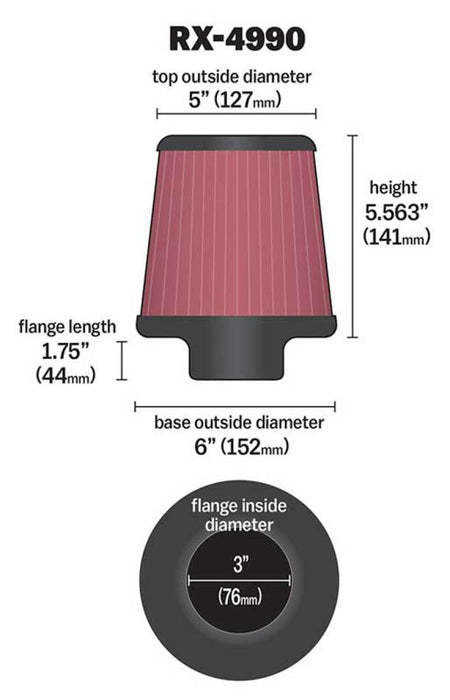 K&N Filter Universal X Stream Clamp-On 3 inch Flange 6 inch Base 5 inch Top 5 9/16 inch Height RX-4990