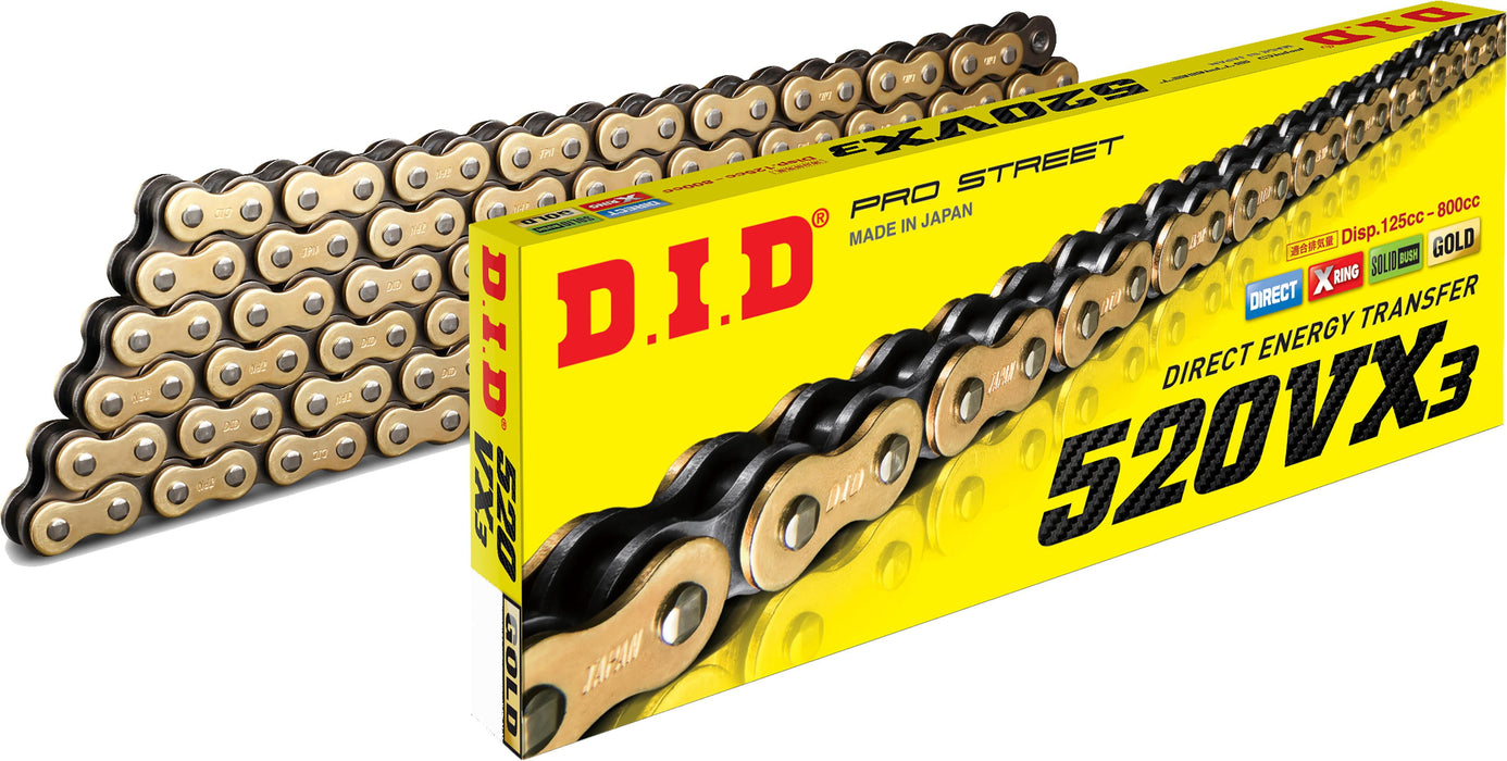 D.I.D 520VX3G114FB 520VX3 Professional O-Ring Series Chain 114 Links Gold