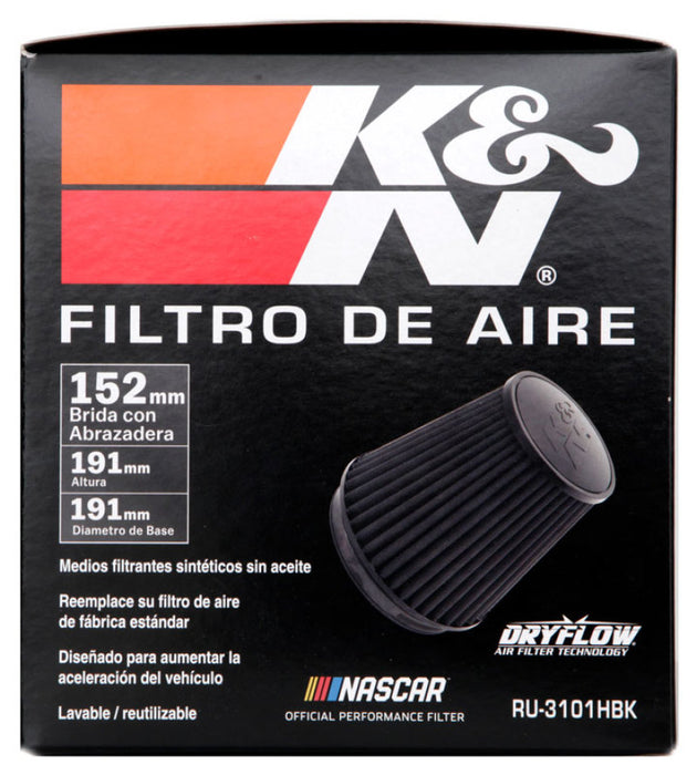 K&N Universal Rubber Filter Round Tapered 6in Flange ID x 7.5in Base OD x 5.25in Top OD x 8in Height RU-3101HBK