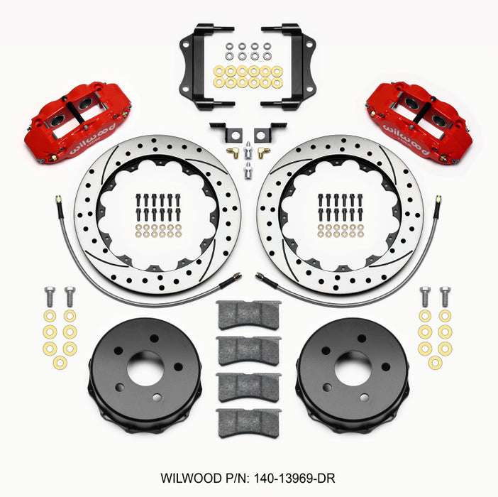 Wilwood Narrow Superlite 4R Rear Kit 12.88in Drilled Red 2007-up compatible with Jeep JK w/Lines 140-13969-DR