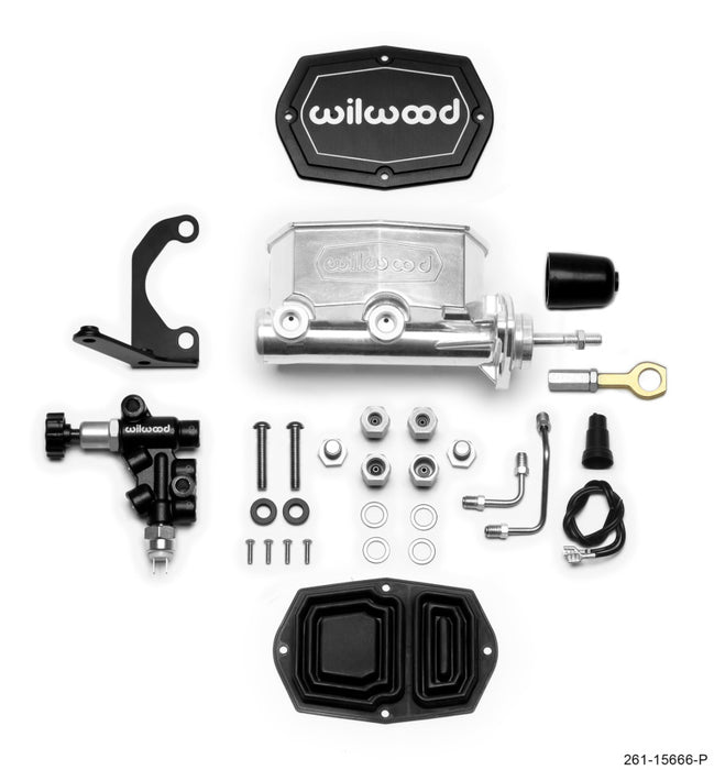 Wilwood Compact Tandem M/C 1.12in Bore w/RH Bracket and Valve (Mustang Pushrod) Ball Burnished 261-15666-P