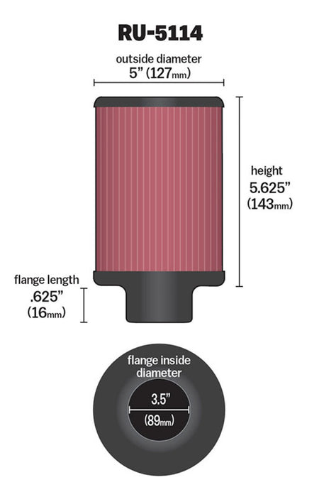 K&N Filter Universal Rubber Filter 3.5in Flange ID x 5in OD x 5.625in H RU-5114