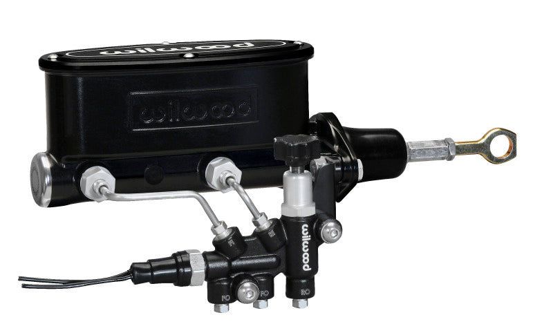 Wilwood HV Tandem M/C Kit w L/H Bracket & Prop Valve 7/8in Bore Black-W/Push. Early Mustang 261-13272-BK