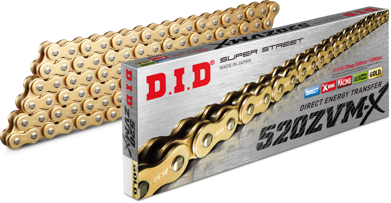 DID X-ring chain 520 ZVMX Chain 120 Links (Gold), Open, with Rivet Link