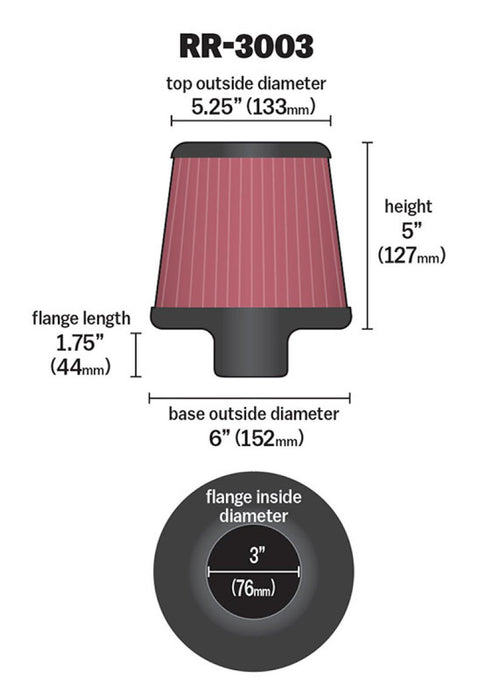 K&N Universal Filter 3 inch Flange 6 inch Base 5 1/4 inch Top 5 inch Height w/ Polished Top RR-3003