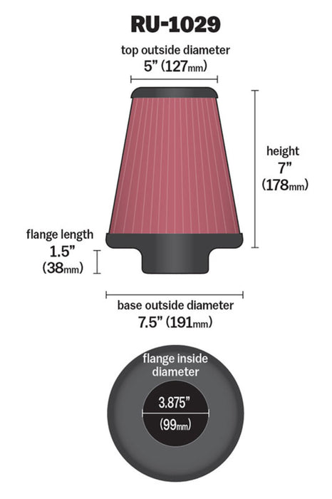 K&N Universal Clamp-On Air Filter 3-7/8in FLG / 7-1/2in B / 5in T / 7in H RU-1029