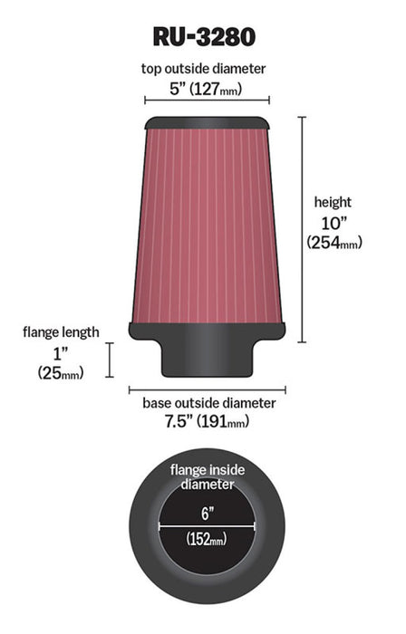 K&N Filter Universal Rubber Filter 6 inch Flange 7.5 inch Base 5 inch Top 10 inch Height RU-3280