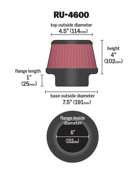 K&N Filter 6 inch Flange 7.5 inch Base 4.5 Top 4 inch Height RU-4600