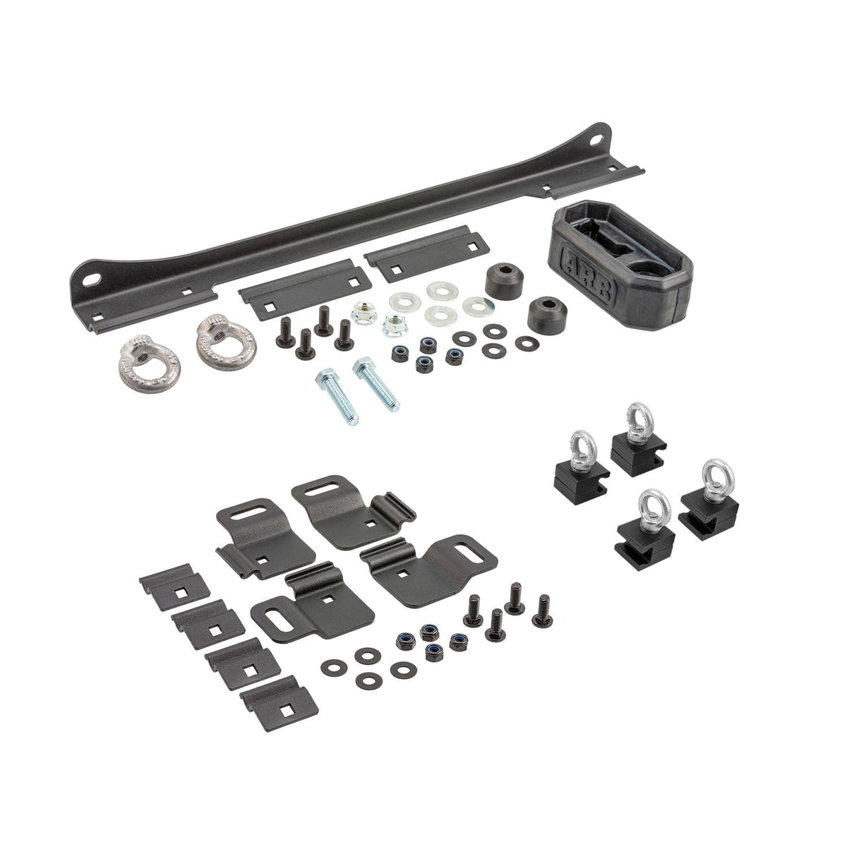 ARB Base Rack Recovery Kit Includes A Set Of 4 Base Rack Eye Bolt Tie Downs, Base Rack Farm Jack Holder, 1 Set Quick-release Pins, And Base Rack Recovery Track Bracket 1780200K2