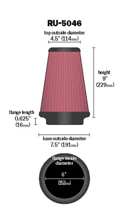 K&N Universal Clamp-On Air Filter 6in FLG / 7-1/2in B / 4-1/2in T / 9in H RU-5046