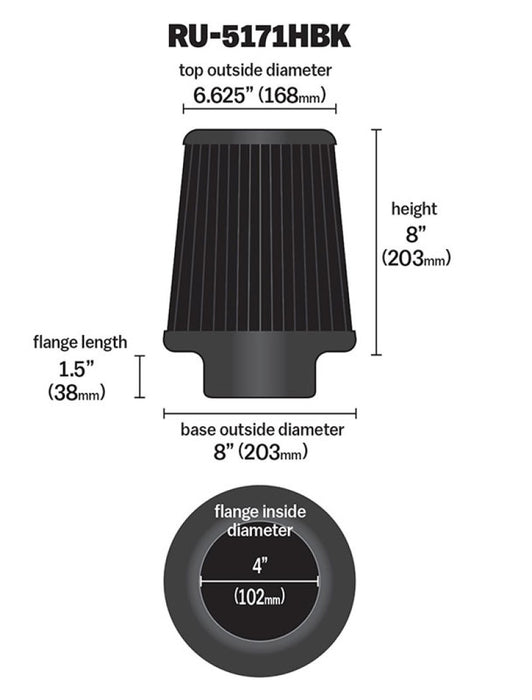 K&N Universal Rubber Filter-Round Tapered 4in Flange ID x 8in Base OD x 6.625in Top OD x 8in H RU-5171HBK