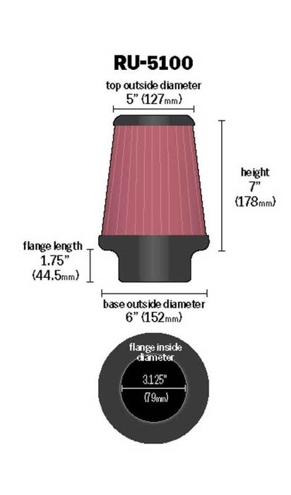 K&N Universal Clamp-On Air Filter 3-1/8in FLG / 6in B / 5in T / 7in H RU-5100