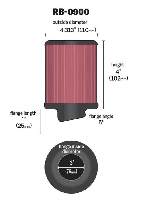 K&N Universal Clamp-On Air Intake Filter: High Performance, Premium, Washable, Replacement Air Filter: Flange Diameter: 3 In, Filter Height: 4 In, Flange Length: 1 In, Shape: Round, RB-0900, Black