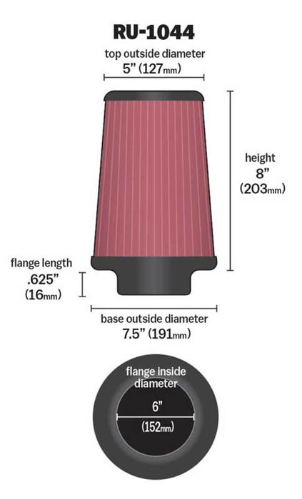 K&N Universal Clamp-On Air Filter 6in FLG / 7-1/2in B / 5in T / 8in H RU-1044