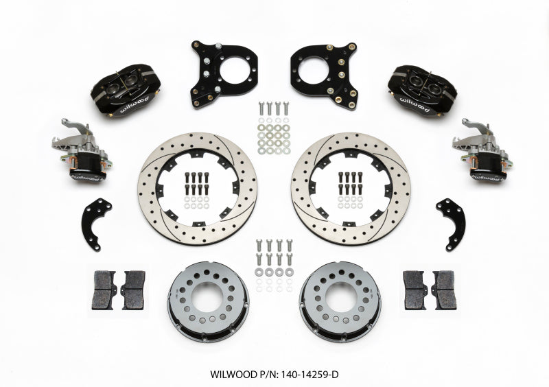 Wilwood Forged Dynalite P/S Rear Kit w/MC4 P-Brake Drilled Chev 12 Bolt w/Clip Elimin-Staggered 140-14259-D