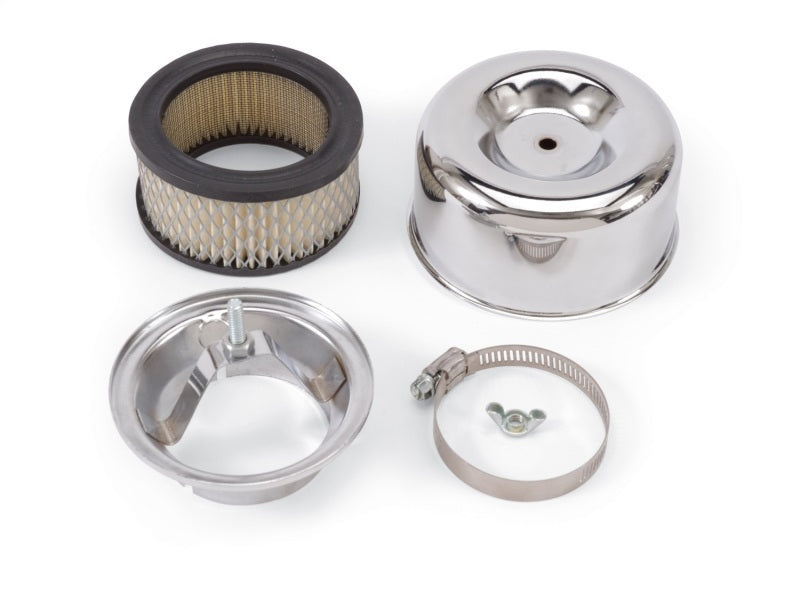 Edelbrock Air Cleaner 94 Series Round Steel Top 4 65In Dia X 3 125In 2 63In ID Raised Base Chrome 1202