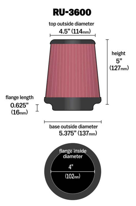 K&N Universal Air Filter 4in Flange / 5-3/8 in Base / 4-1/2in Top / 5in Height RU-3600