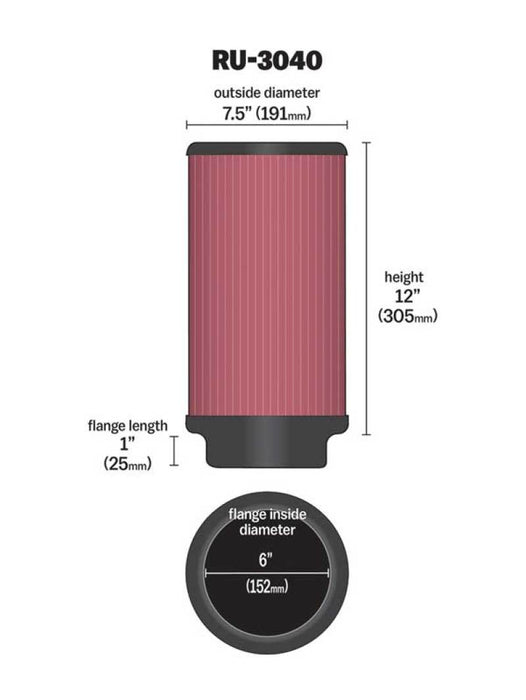 K&N Universal Rubber Filter 6in ID 7.5in OD 12in H RU-3040