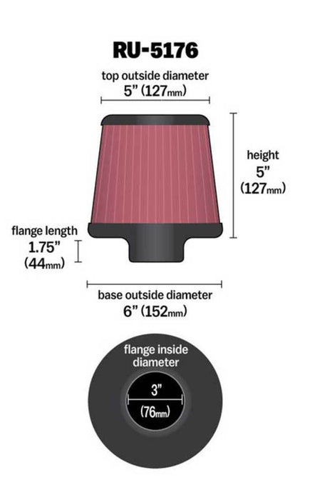 K&N Universal Rubber Filter-Round Tapered 3in Flange ID x 6in Base OD x 6in Top OD x 5in H RU-5176