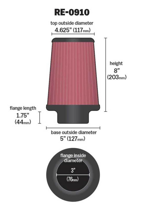 K&N Universal Rubber Filter 3inch FLG / 5inch OD-B / 4-5/8inch OD-T / 8inch H RE-0910