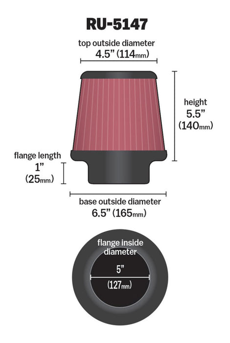 K&N Filter Universal Rubber Filter 5in Flange 6.5in Base 4.5in Top 5.5in Height RU-5147