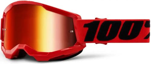 100% Strata 2 Motocross & Mountain Bike Goggles - MX and MTB Racing Protective Eyewear (Red - Mirror Red Lens)