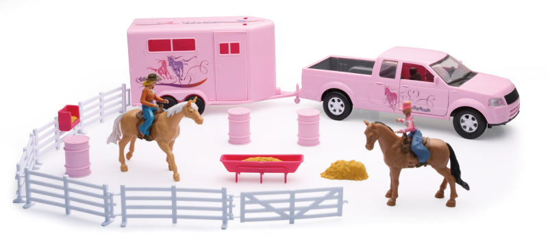 New Ray Toys Valley Ranch Set with Pink Pickup Truck and Short Horse Trailer Set SS-37335A