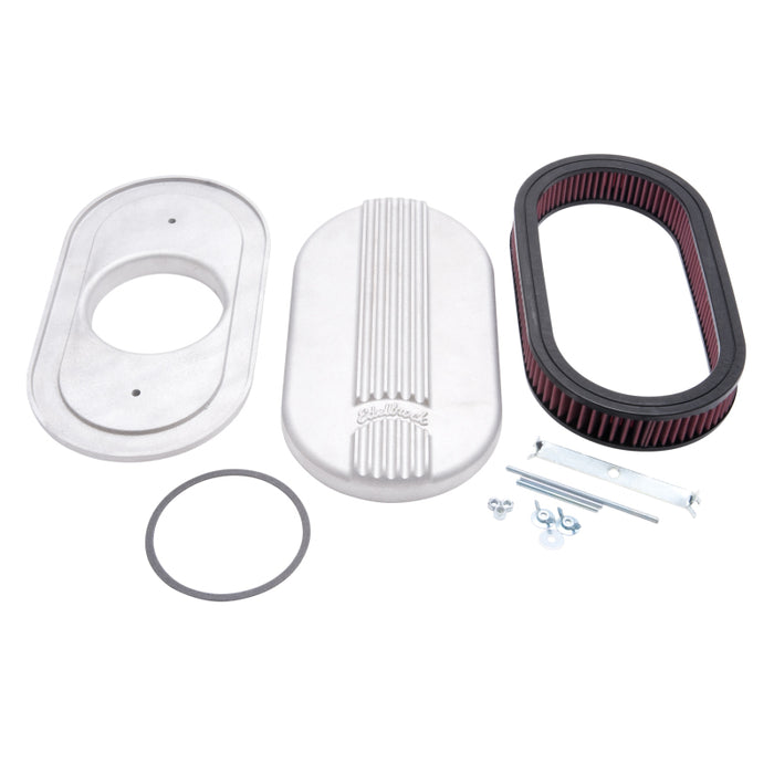 Edelbrock Air Cleaner Classic Series Oval Aluminum Top Cloth Element 17 5In X 9 35In X 3 9In Satin 41159