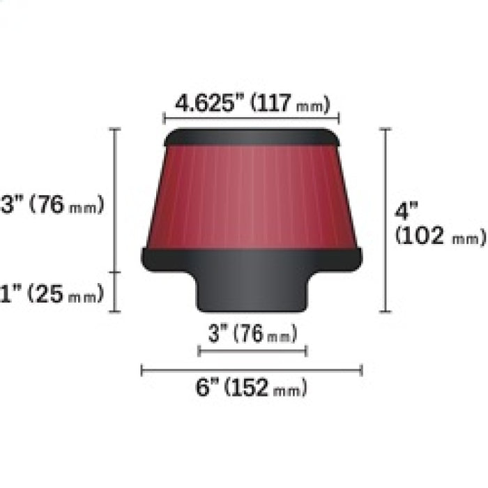 K&N Universal Round Clamp-On Air Filter 3in Flange ID x 6in Base OD x 4.625in Top OD x 3in Height RU-5288