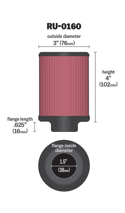 K&N Universal Rubber Filter 1 1/2in FLG 3in OD 4in Height RU-0160