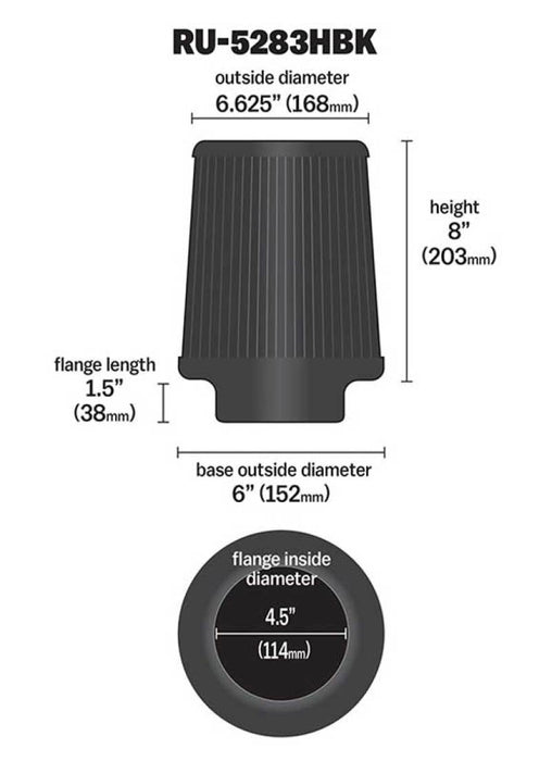 K&N Universal Rubber Filter-Round Tapered 4.5in Flange ID x 8in Base OD x 6.625in Top OD x 8in H RU-5283HBK