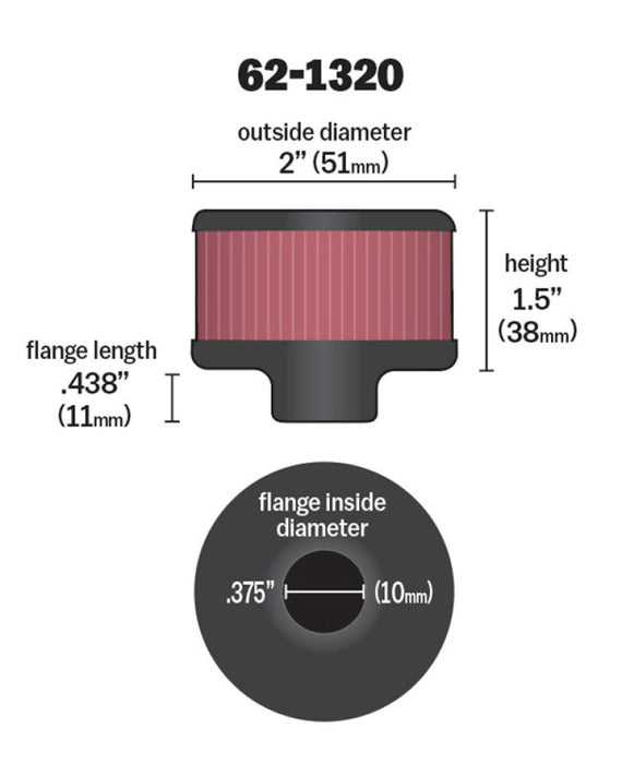 K&N Clamp On Rubber Base Crankcase Vent Filter 0.375in Flange ID x 2in OD x 1.5in Height 62-1320