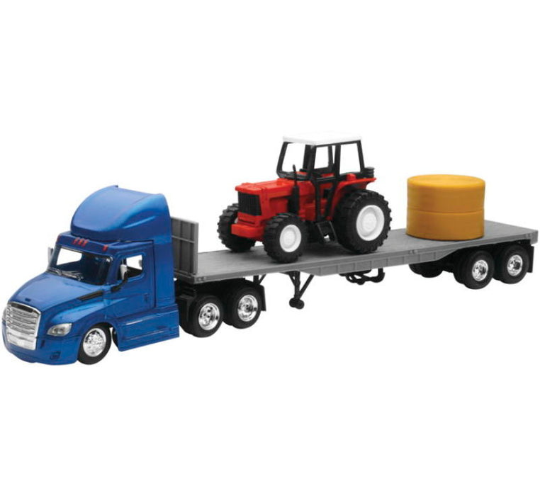 New Ray Toys Freightliner Cascadia Flatbed with Farm Tractor and Round Hay Bale/ Scale 1:43 16083