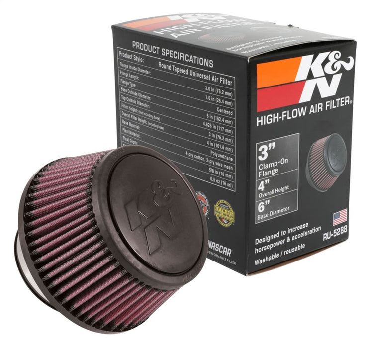 K&N Universal Round Clamp-On Air Filter 3in Flange ID x 6in Base OD x 4.625in Top OD x 3in Height RU-5288