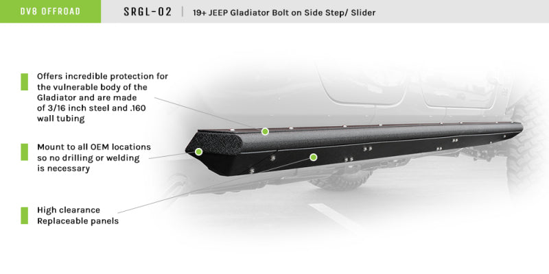 DV8 Offroad 2019+ compatible with Jeep Gladiator Side Step/Sliders SRGL-02