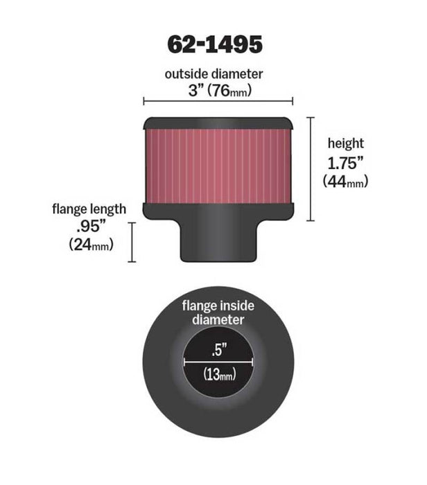 K&N .5in Flange ID x 3in OD x 3.25in H Rubber Base Crankcase Vent Filter 62-1495