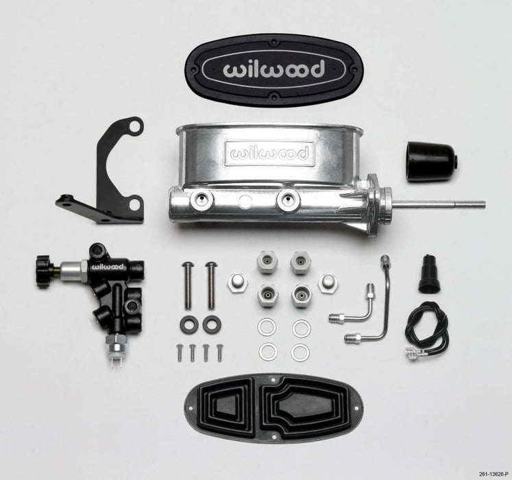 Wilwood HV Tandem M/C Kit w L/H Bracket & Prop Valve 15/16in Bore Ball Burnished-W/Pushrod 261-13626-P