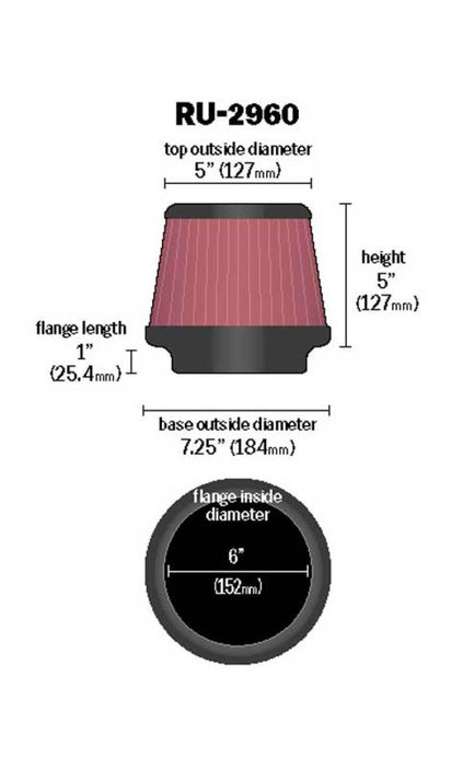 K&N Universal Tapered Filter 6in Flange ID x 7.5in Base OD x 5in Top OD x 5in Height RU-2960