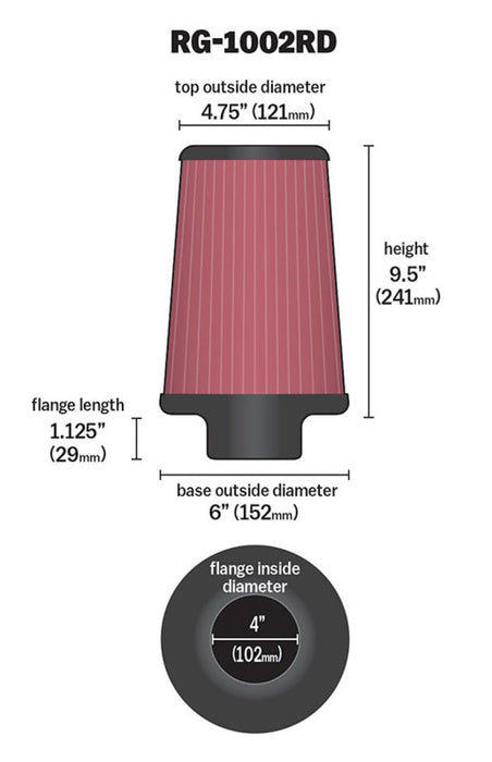 K&N Universal Air Filter Chrome Round Tapered Red 4in Flange ID x 1.125in Flange Length x 9.5in H RG-1002RD