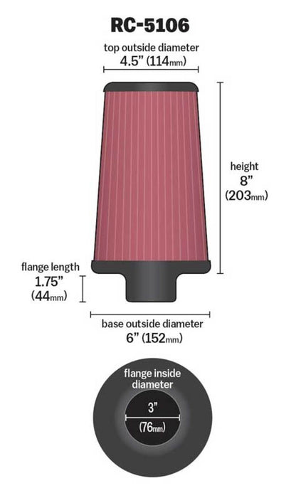 K&N Universal ChromeRound Tapered Air Filter 3in Flange ID / 6in Base OD / 4.5in Top OD / 8in Height RC-5106