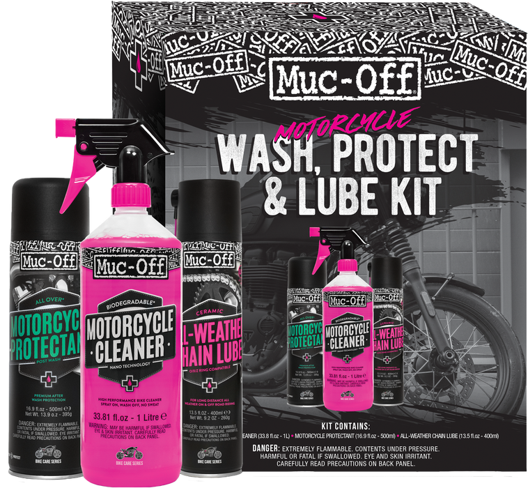 Muc Off Motorcycle Wash, Protect and Lube Kit - Motorcycle Cleaning Kit, Motorcycle Detailing Kit - Includes Motorcycle Cleaner and Chain Lube