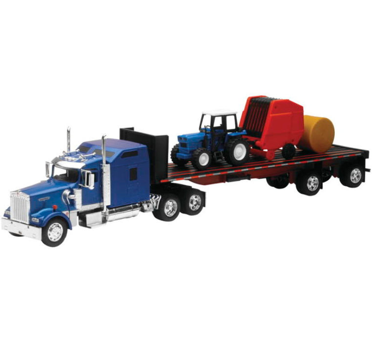 New Ray Toys Kenworth W900 with Flatbed, Tractor and Round Haybales/ Scale 1:32 SS-10353E