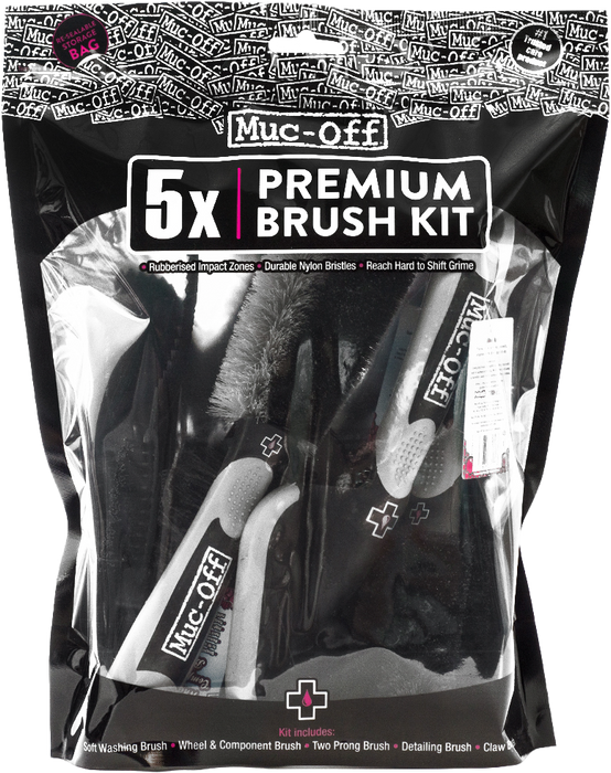 Muc-Off 206 5 Piece Premium Brush Kit - Includes 5 Bike Cleaning Brushes with Durable Nylon Bristles and Ergonomic Rubberised Handles to Minimise Impact